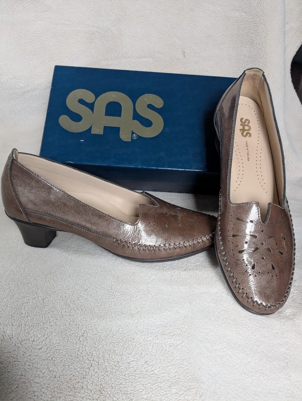 SAS Sonyo Slip On Heel Portobello Taupe Patent Leather Pumps Women's US 8.5 $179